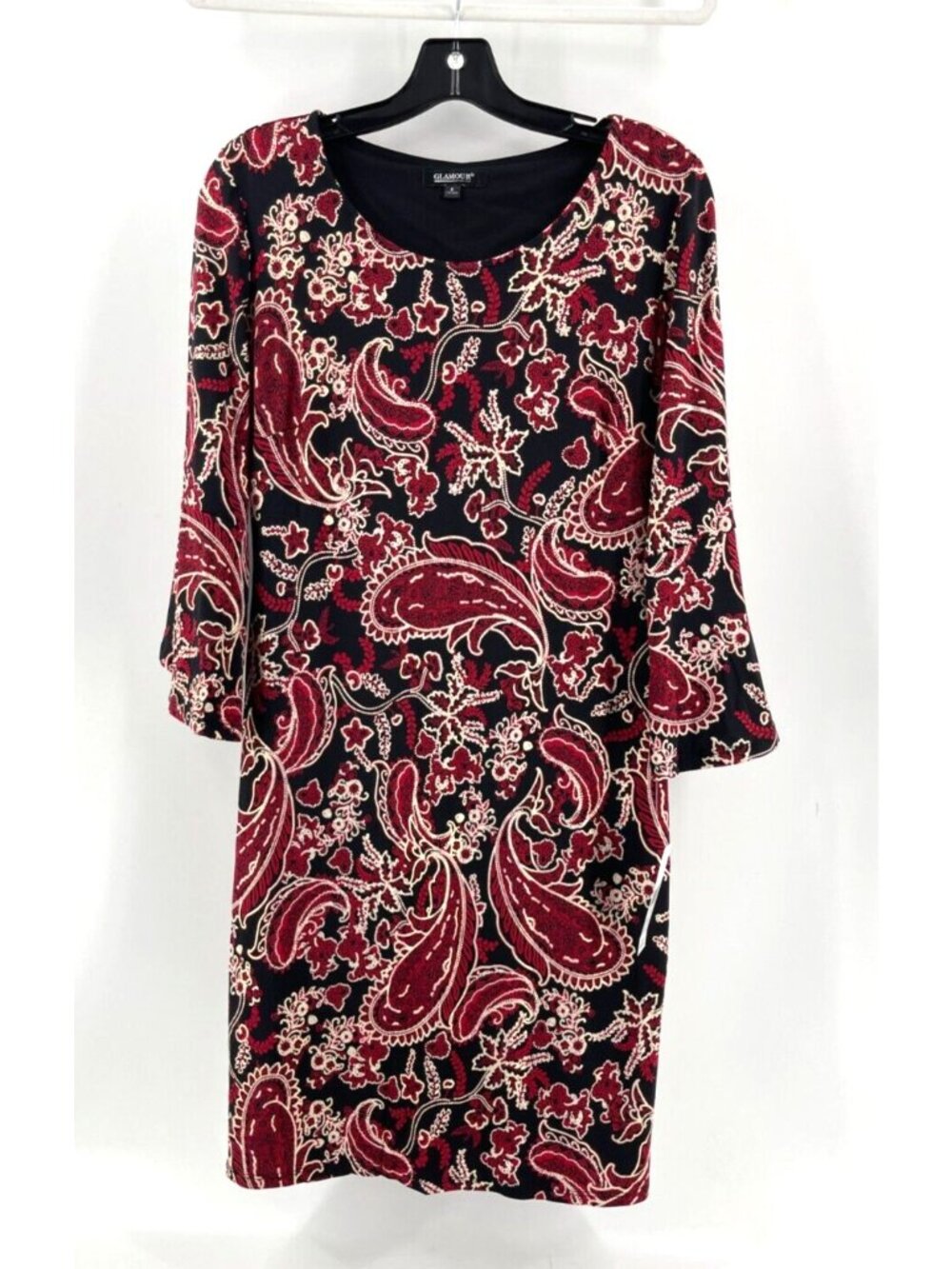 NWT Glamour Women's Black Red Gold Paisley Long Sleeve Stretch Career Dress Sz 6